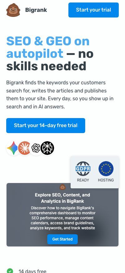 Dieselbe Startseite auf einem Handy: Bigrank.