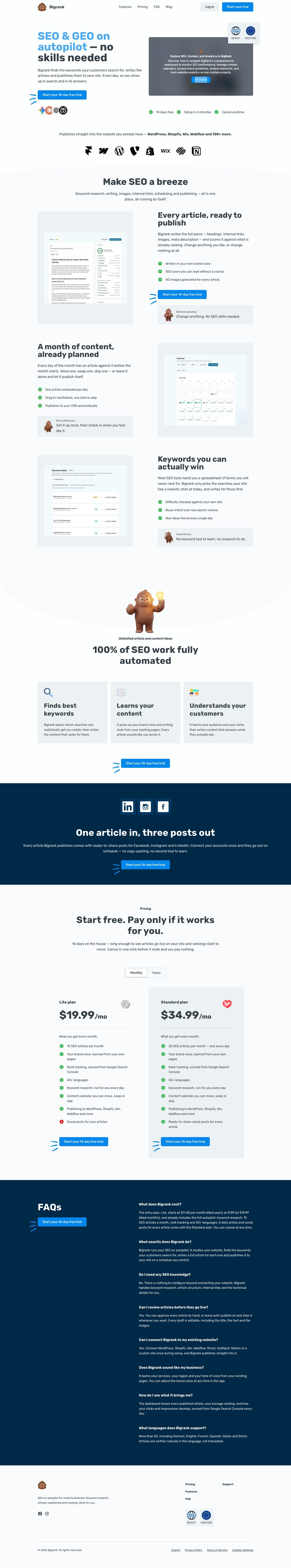 Startseite von Bigrank: SEO und GEO auf Autopilot, darunter die Funktionen an Produktansichten erklärt, zwei Tarife mit Preis und häufige Fragen.