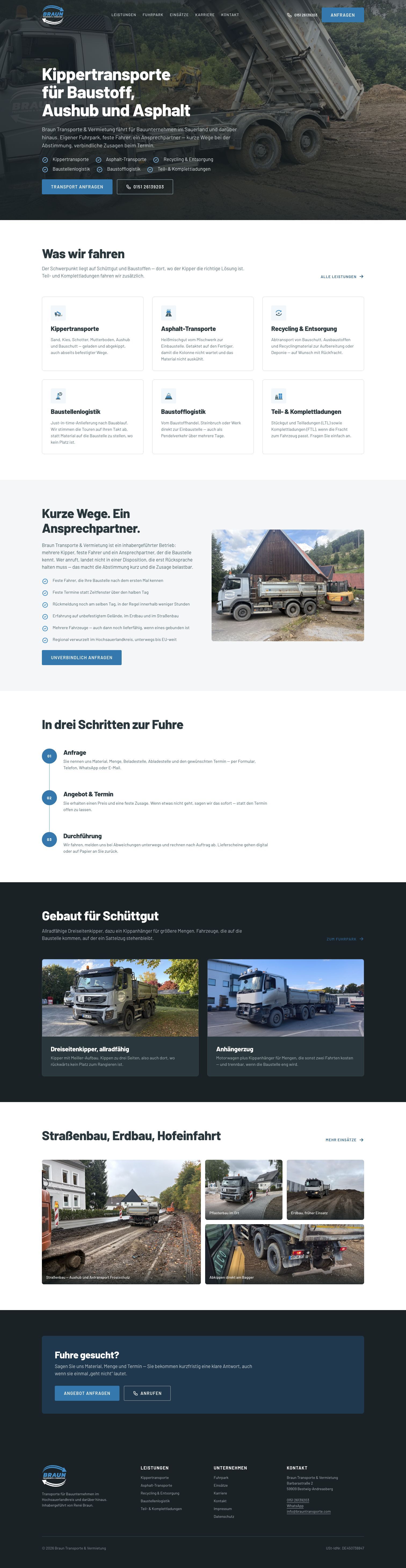 Startseite von Braun Transporte: Kippertransporte für Baustoff, Aushub und Asphalt, darunter Fuhrpark und Einsatzgebiete.