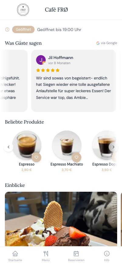 Dieselbe Startseite auf einem Handy: Café FRØ.