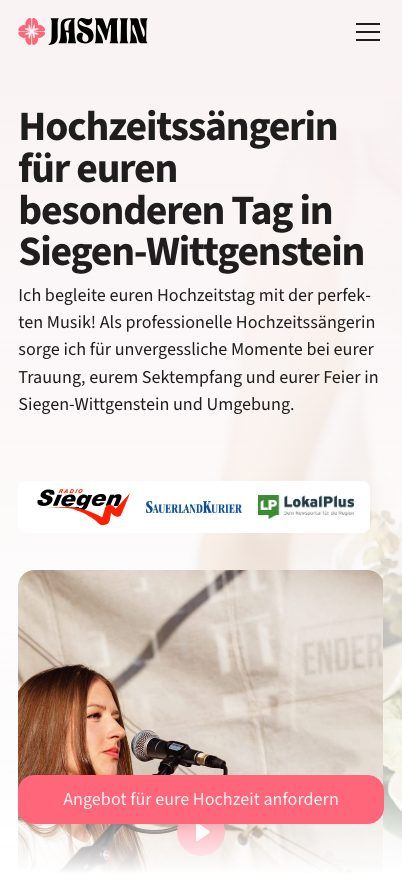 Dieselbe Startseite auf einem Handy: Eventsängerin Jasmin.