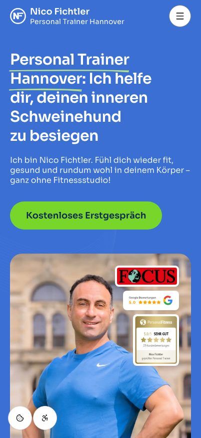 Dieselbe Startseite auf einem Handy: Nico Fichtler Personal Training.