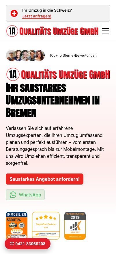 Dieselbe Startseite auf einem Handy: 1A Qualitäts Umzüge.