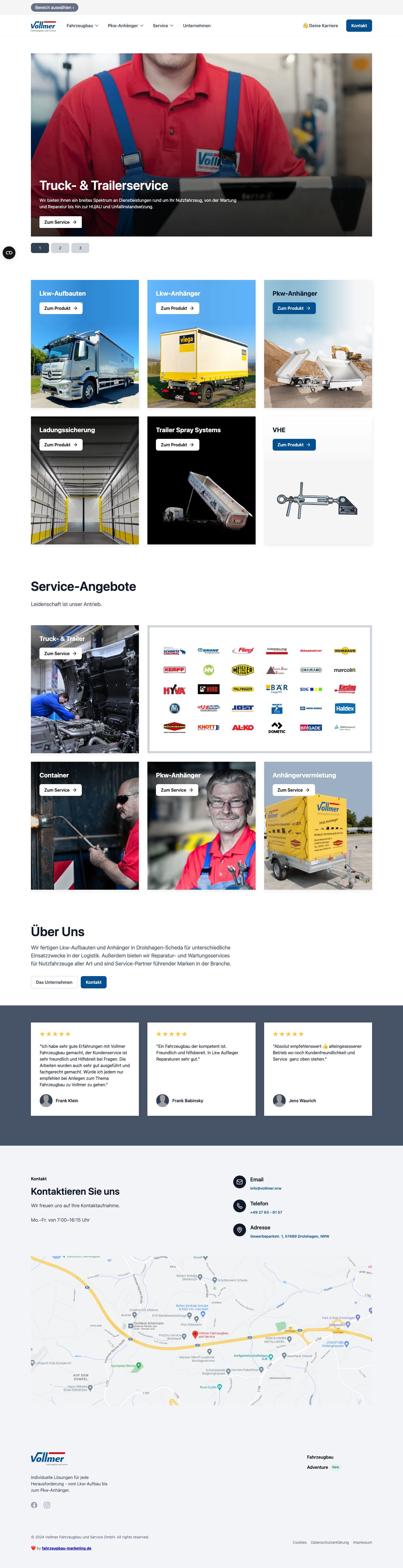 Startseite von Vollmer Fahrzeugbau: Lkw-Aufbauten und Anhänger, darunter die Bereiche Truck- und Trailerservice, Pkw-Anhänger und Spezialaufbauten.