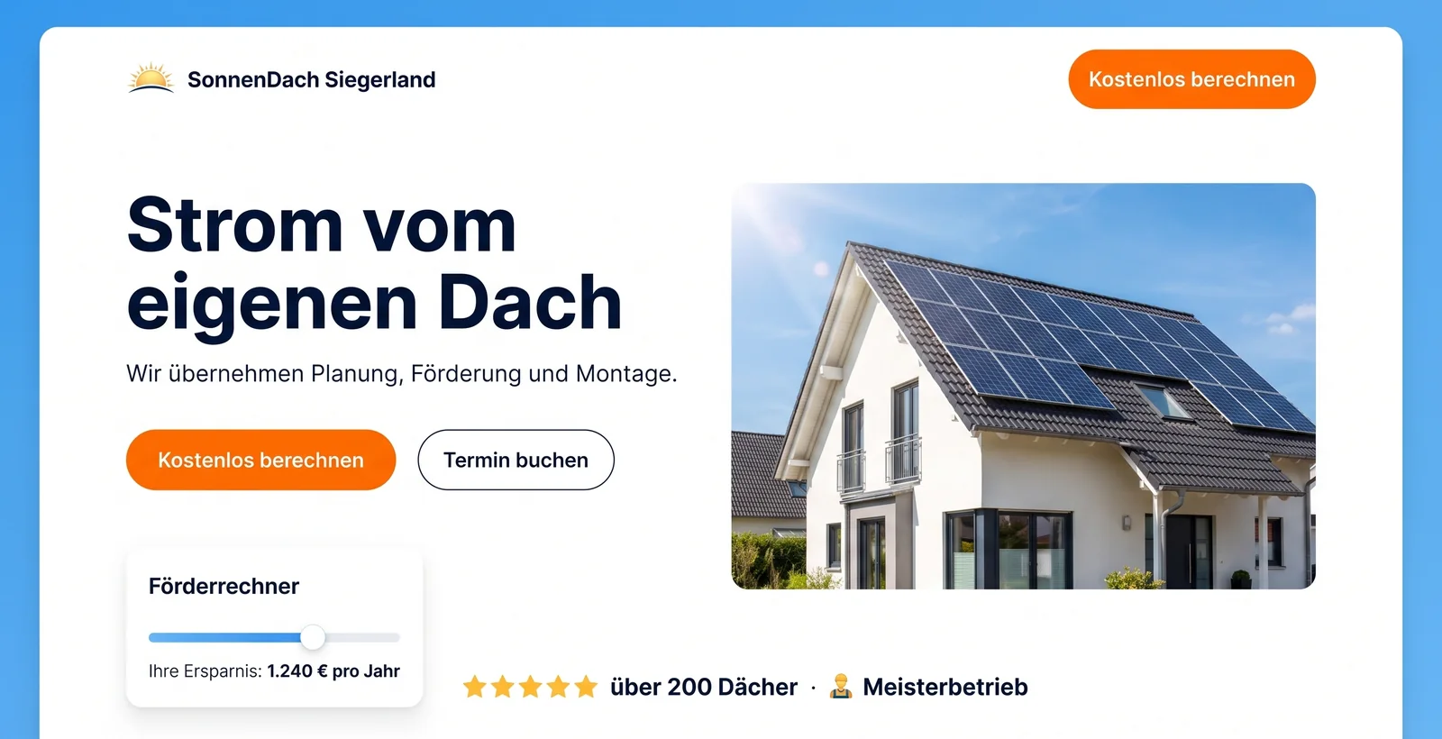 Landingpage SonnenDach Siegerland mit Förderrechner und Kontakt-Button